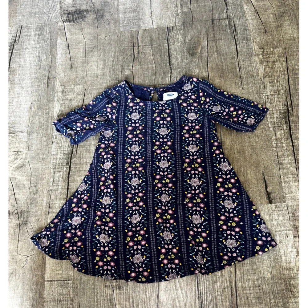 Old Navy Girls Navy Blue Floral Stripe Swing‎ Dress Short Sleeve 4T